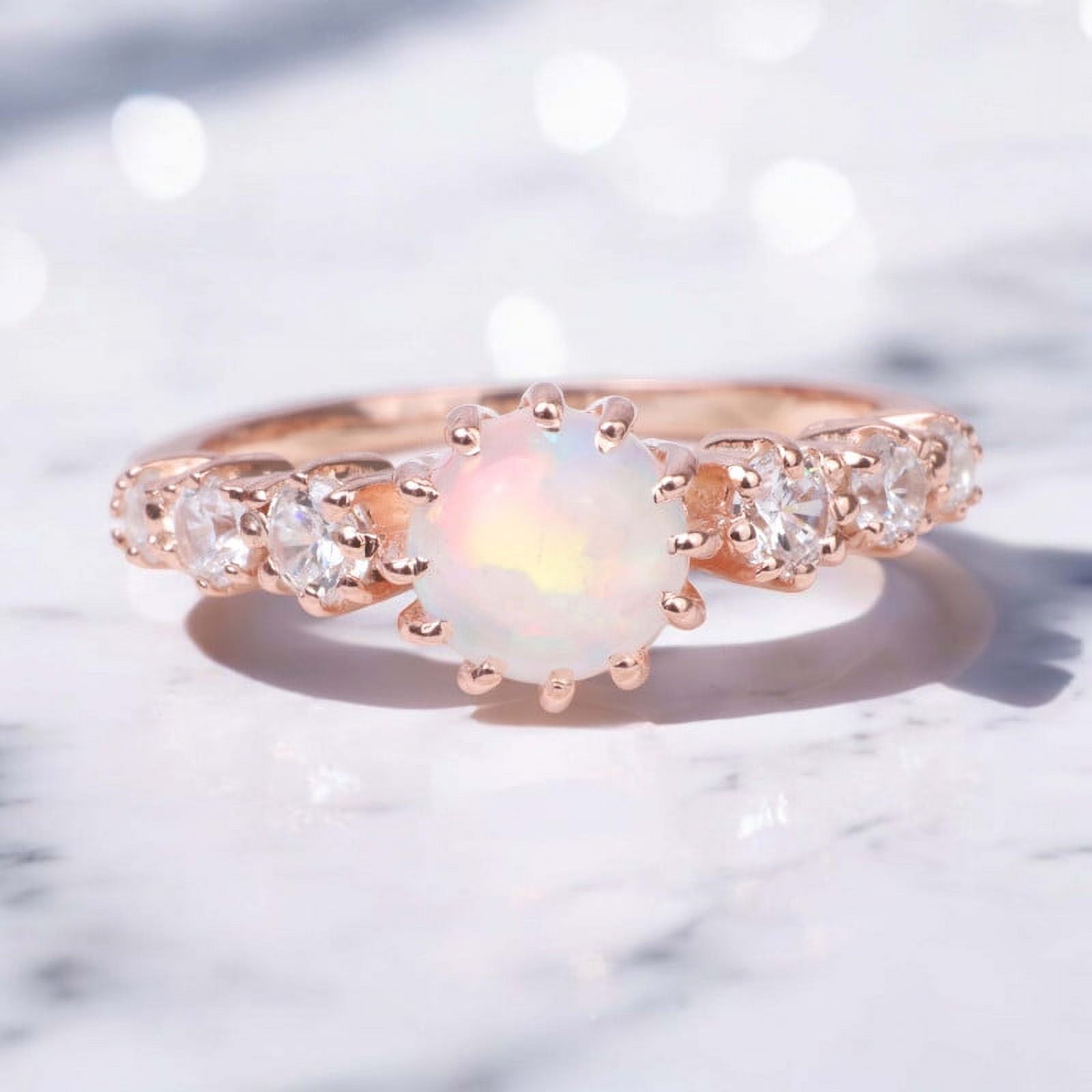 Round opal Ring 14K Rose Gold Diamond Stacking Ring October