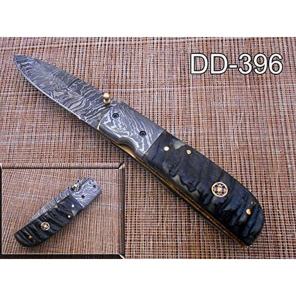 Round shape Hand forged Damascus steel folding knife, Ram Horn scale with Damascus bolster, 7.75" Long with 4" folded, Equipped with Brass liner lock & thumb knob, Cow Leather sheath