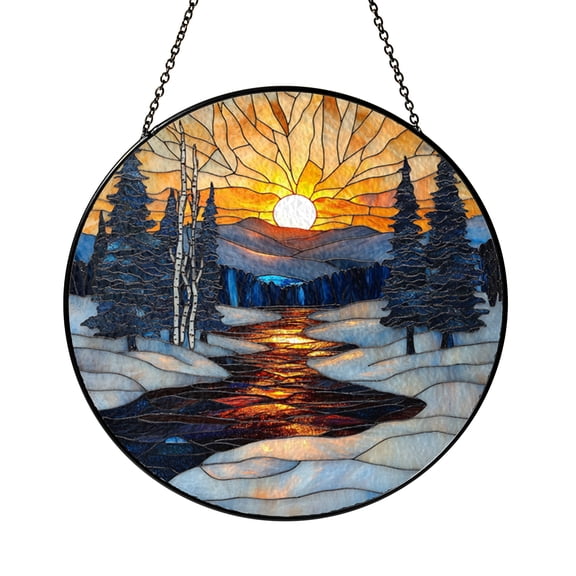 Round stained glass winter sunset panel with snowy forest scene, tranquil window ornament for home decoration