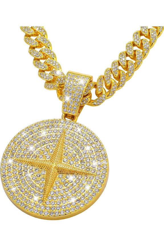 Round star Hip-hop Cuban Chain, Rhinestone Pendant Necklace Jewelry For Men，Men's Fashion Jewelry