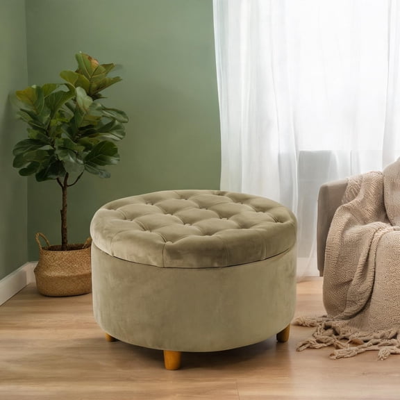 Round storage ottoman with lift-off lid, 28-inch, sage green velvet with rich brown wood legs