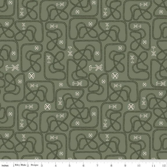 'Round the Mountain Table Tracks Pine Cotton Fabric