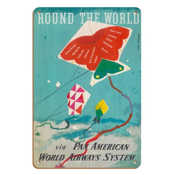 Round the World - Kites - via Pan American World Airways - Vintage Airline Travel Poster by Dong Kingman c.1960s - 8 x 12 inch Vintage Wood Art Sign