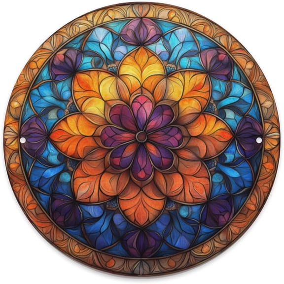 Round tin sign,Colored glass flower pattern,chic Metal sign,Tinplate poster home Art wall Decor,for living room,bar,cafe,man cave,study,kitchen,Decoration plaque,easy to hang,8x8 Inch