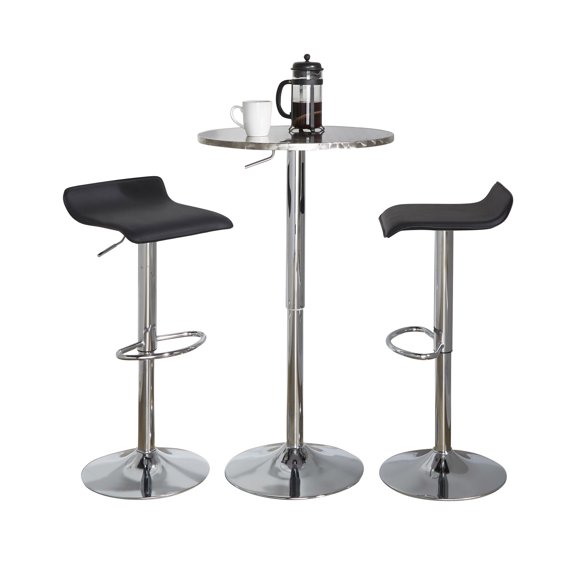 RoundContemporary Adjustable Bar Set in Silver and Chrome Metal with Black PVC and Oval Footrest - 3 Piece