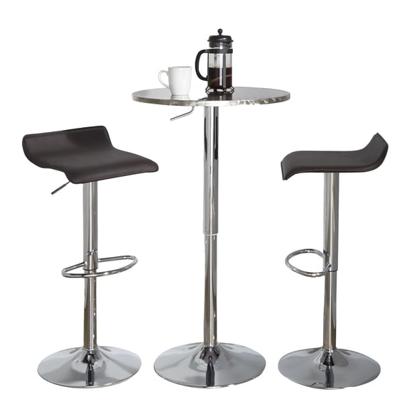 RoundContemporary Adjustable Bar Set in Silver and Chrome Metal with Brown PVC and Oval Footrest - 3 Piece