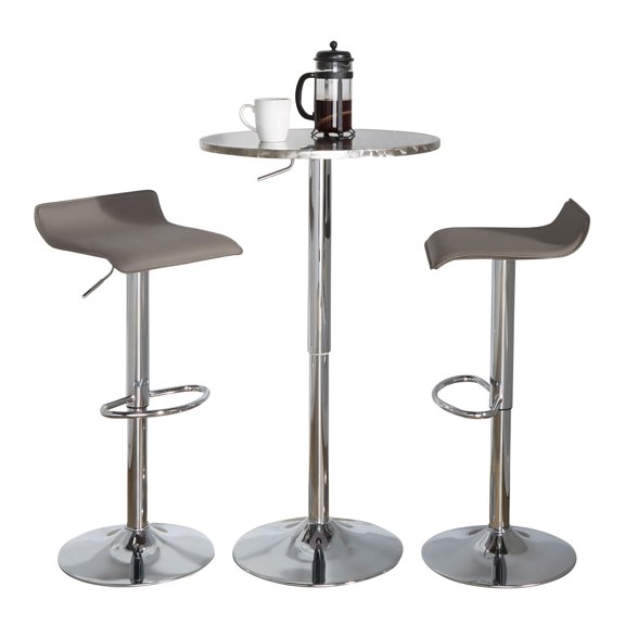 RoundContemporary Adjustable Bar Set in Silver and Chrome Metal with Grey PVC and Oval Footrest - 3 Piece