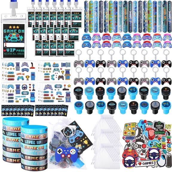 RoundFunny 158 Pcs Video Game Party Favors, Gamer Supplies Included Game Controller Keychains, Cards with Card Holders, Wristband, Ring, Sticker, Stamper, Slap Bracelet, Organza Bag for Kids Y114