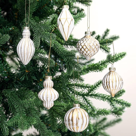 RoundFunny 6 Pcs 2.36" Christmas Mercury Glass Ornament for Tree Vintage Finial Glass Christmas Decorations Set Retro Stone Gold Finish Hanging Ornament Kit for Xmas Indoor Farmhouse Tree Decor C111