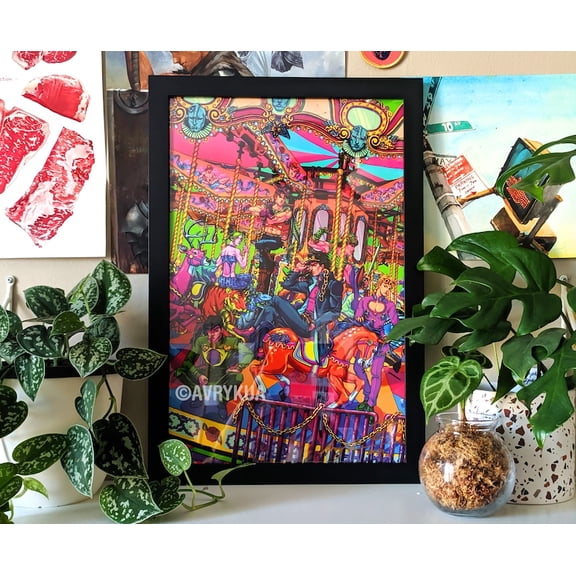 Roundabout - Poster - illustration, wall art, anime, fine art print, neon, carousel 8x12 UNFRAMED