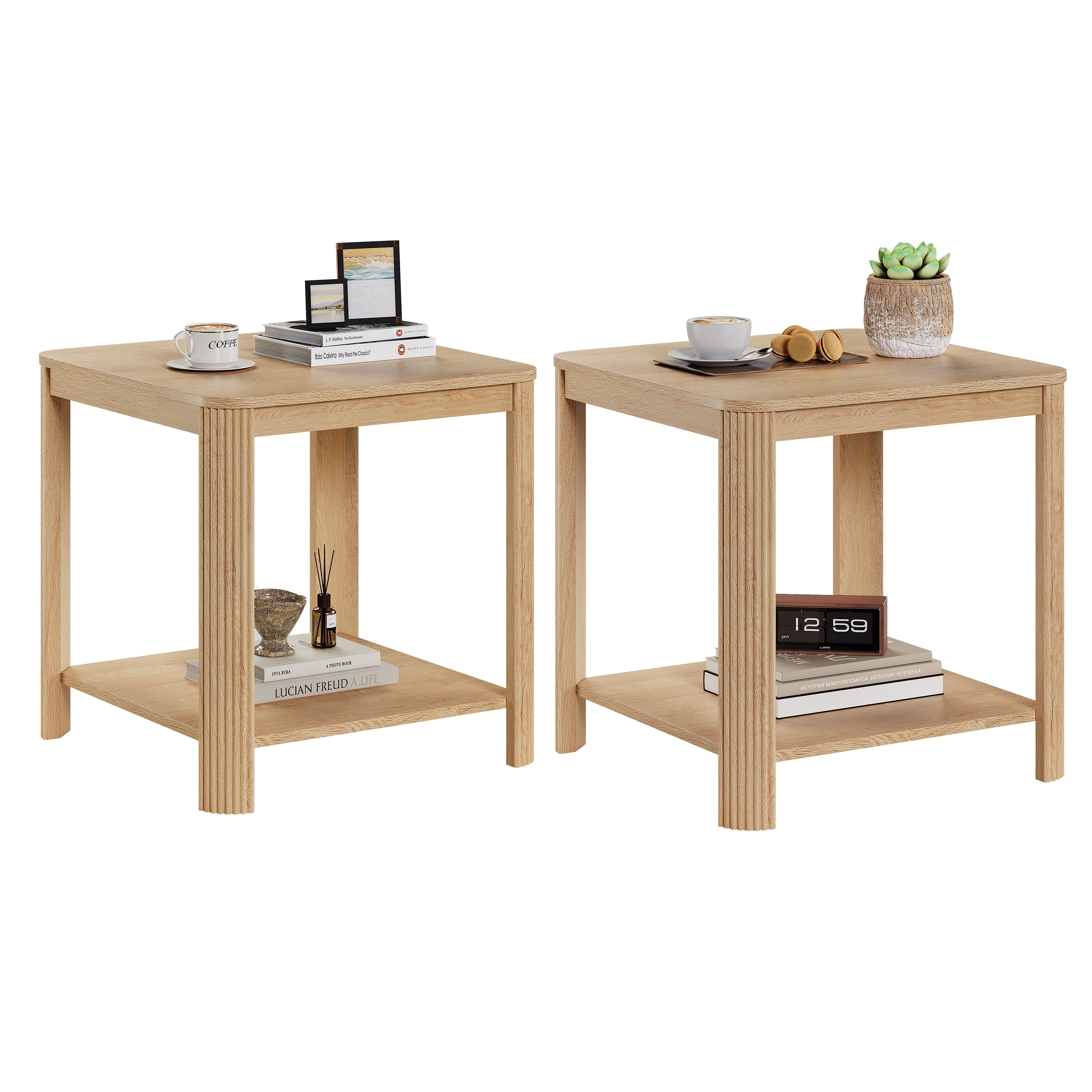 Rounded Corner End Tables Set of 2 – 22.1'' Square Nightstand with Vertical Wave Grain Legs, 2-Tier Boho Side Table for Living Room, Bedroom & Home Office (Oak)