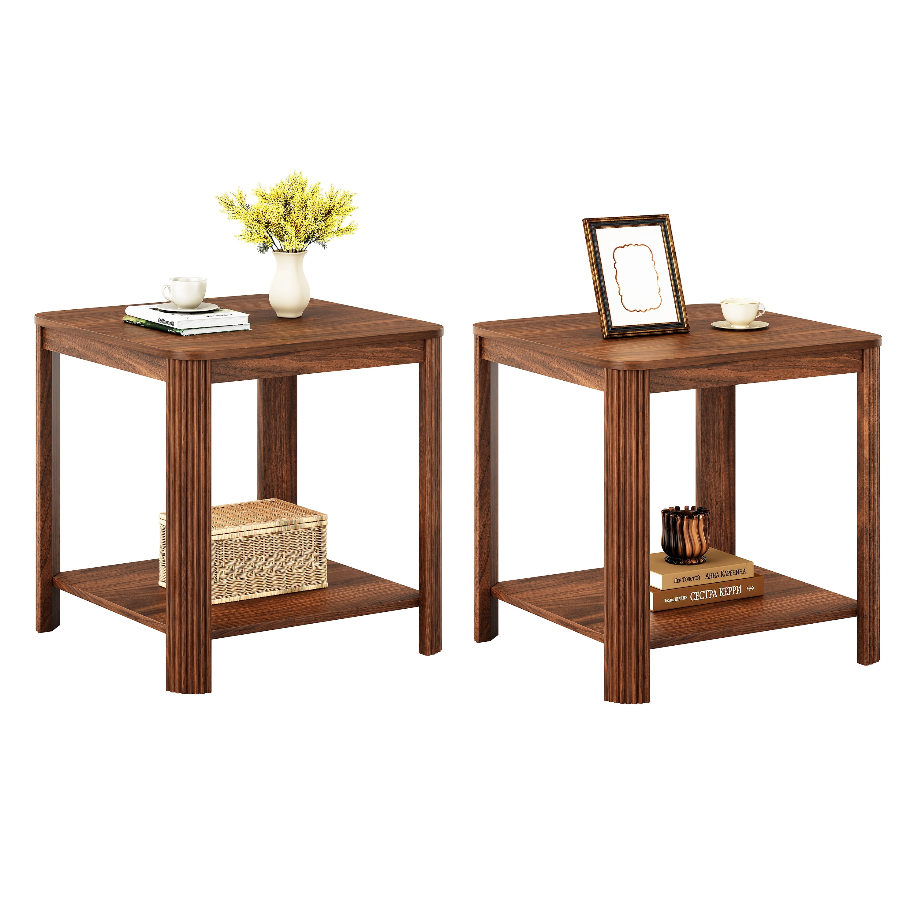 Rounded Corner End Tables Set of 2, 22.1" Square Nightstand with Vertical Wave Grain Legs, 2-Tier Boho Side Table for Living Room, Bedroom & Home Office (Walnut)