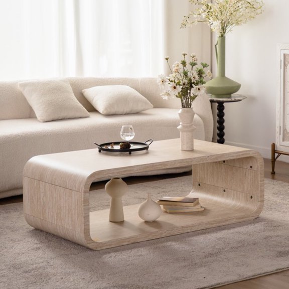 Rounded Curved Edge Coffee Table for Living Room, Modern Freestanding MDF Coffee Table with 2-Tier Open Storage, Kid Safe Rectangle Low Profile Center Table for Apartment, Home Leisure Room