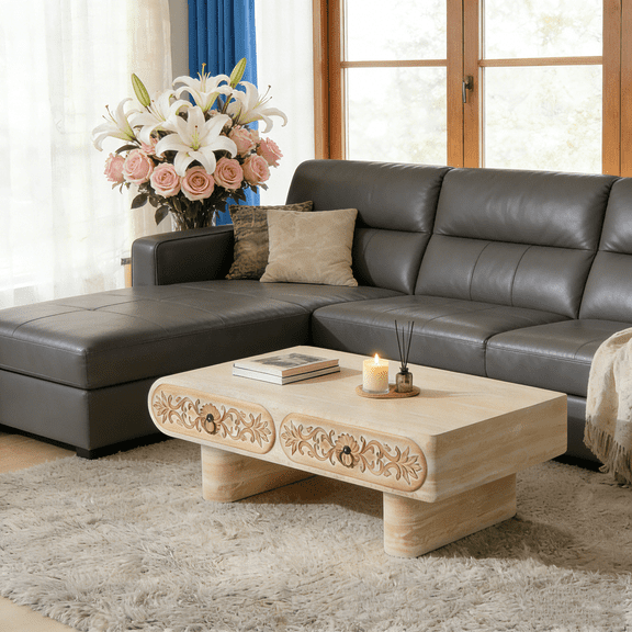 Rounded Edge Coffee Table with Flower Pattern Solid Wood Drawer - Modern Wood Coffee Table for Living Room and Office, Decorative Storage Design