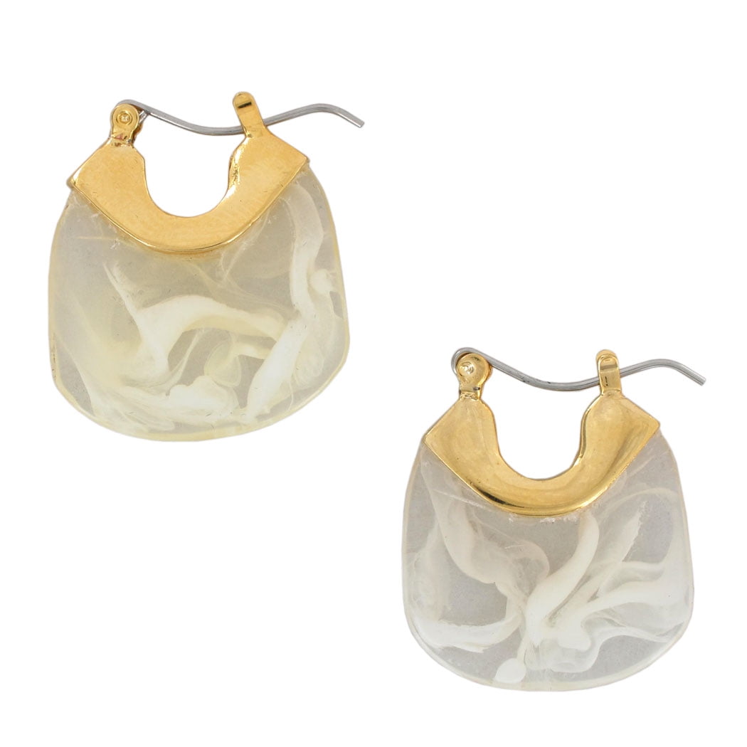 Rounded Edge Square Clear Lucite Marbled White Pierced Earrings Snap Down Ladies Adult Female Women