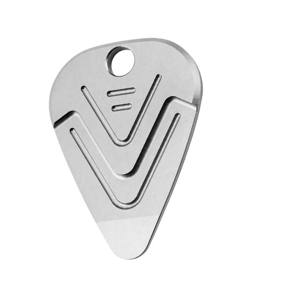 Rounded Guitar Pick with an Integrated Finger Opening, Metal Construction, Matte Finish, and Continuous Profile for Guitar Plucking and Strumming Practice