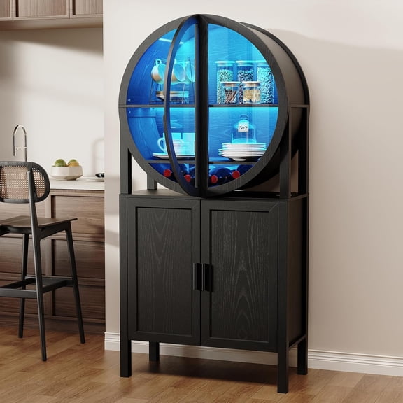 Rounded Kitchen Pantry, Bar Display Cabinet with LED Lights, 65" Tall Wine Storage Cabinet with Glass Doors & Shelves, Modern Liquor Cabinets for Dining Room, Kitchen, Living Room,Black