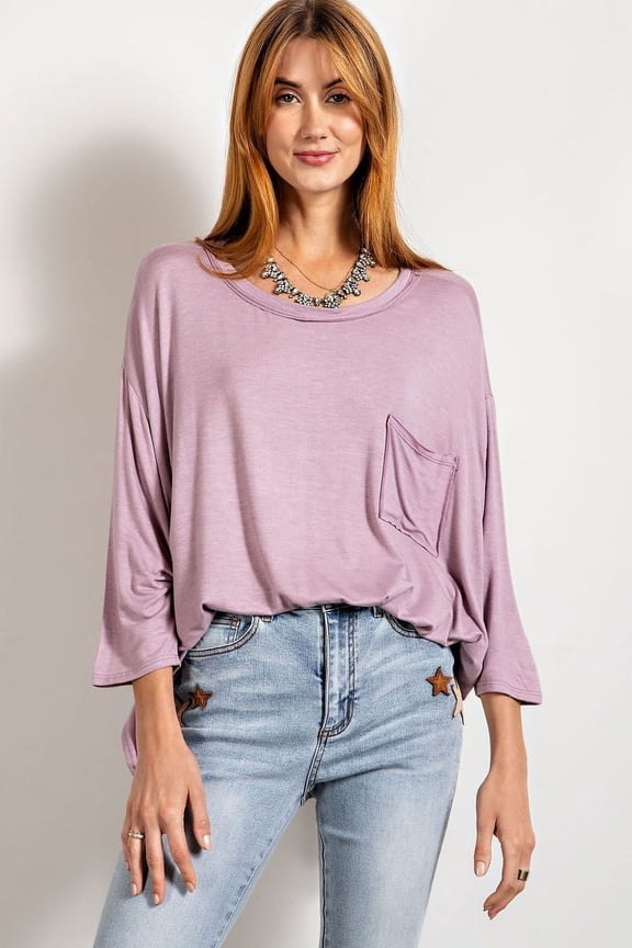 Rounded Neckline 3/4 Sleeves Washed Top Dusty Lavender S