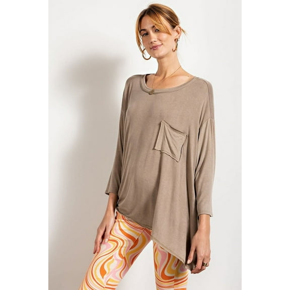 Rounded Neckline 3/4 Sleeves Washed Top Mushroom S