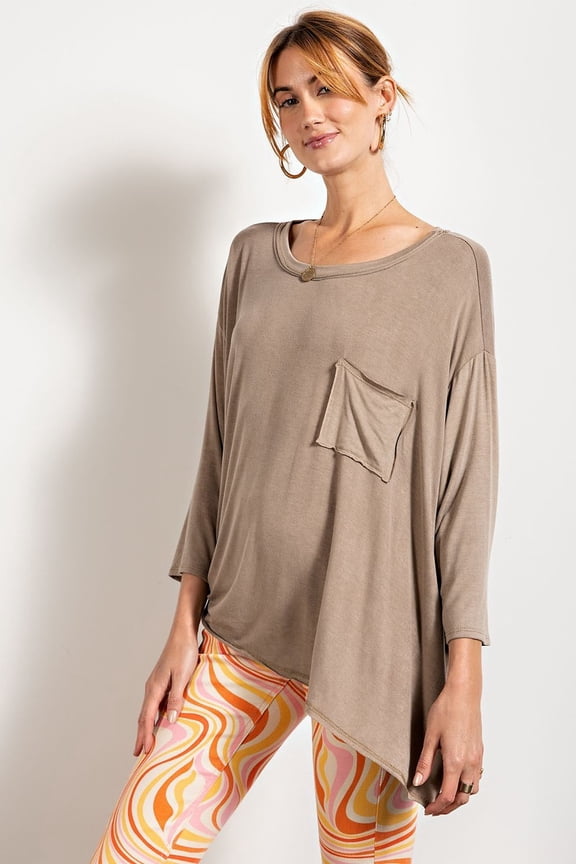 Rounded Neckline 3/4 Sleeves Washed Top Mushroom S