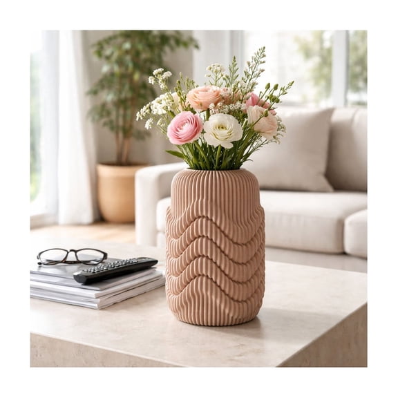 Rounded Ribbed Porcelain Vase for Living Room Decor - Modern Stoneware Flower Vase for Home, Bedroom, Table, and Office Decor - Textured Sculptured Accent for Transitional Room Styling - 15", Tan