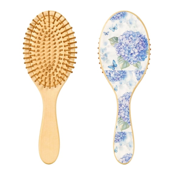 Rounded Tip Hair Brush with Rubber Cushion 9.25 Wooden Scalp Massage Comb Detangling Brush for All Hair Types Blue Hydrangea Pattern