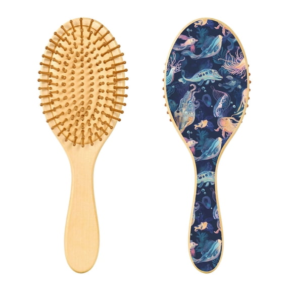 Rounded Tip Hair Brush with Rubber Cushion 9.25 Wooden Scalp Massage Comb Detangling Brush for All Hair Types Blue Sea Creatures