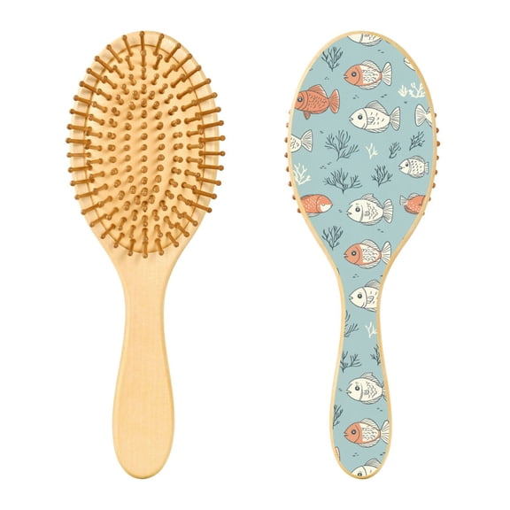Rounded Tip Hair Brush with Rubber Cushion 9.25 Wooden Scalp Massage Comb Detangling Brush for All Hair Types Cartoon Fish