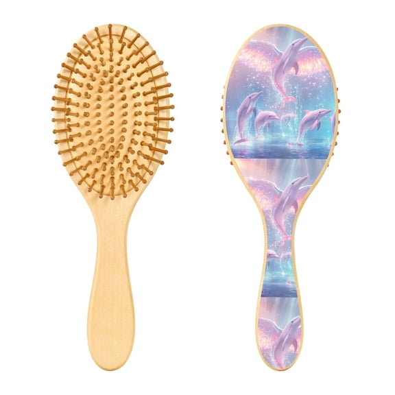 Rounded Tip Hair Brush with Rubber Cushion 9.25 Wooden Scalp Massage Comb Detangling Brush for All Hair Types Dolphins and Birds
