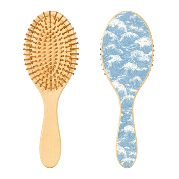 Rounded Tip Hair Brush with Rubber Cushion 9.25 Wooden Scalp Massage Comb Detangling Brush for All Hair Types Light Blue Waves Pattern