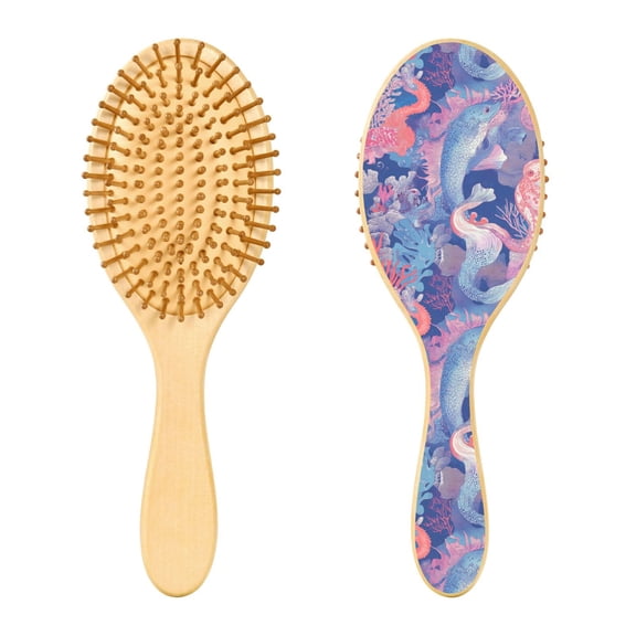 Rounded Tip Hair Brush with Rubber Cushion 9.25 Wooden Scalp Massage Comb Detangling Brush for All Hair Types Sea Creatures Pattern