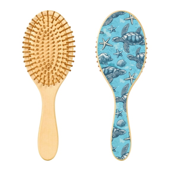 Rounded Tip Hair Brush with Rubber Cushion 9.25 Wooden Scalp Massage Comb Detangling Brush for All Hair Types Sea Turtles and Starfish Pattern