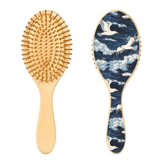 Rounded Tip Hair Brush with Rubber Cushion 9.25 Wooden Scalp Massage Comb Detangling Brush for All Hair Types Seagulls Flying Waves