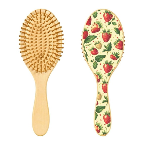 Rounded Tip Hair Brush with Rubber Cushion 9.25” Wooden Scalp Massage Comb Detangling Brush for All Hair Types Strawberries Pattern