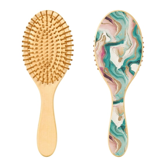 Rounded Tip Hair Brush with Rubber Cushion 9.25” Wooden Scalp Massage Comb Detangling Brush for All Hair Types Teal Swirling Marble Pattern