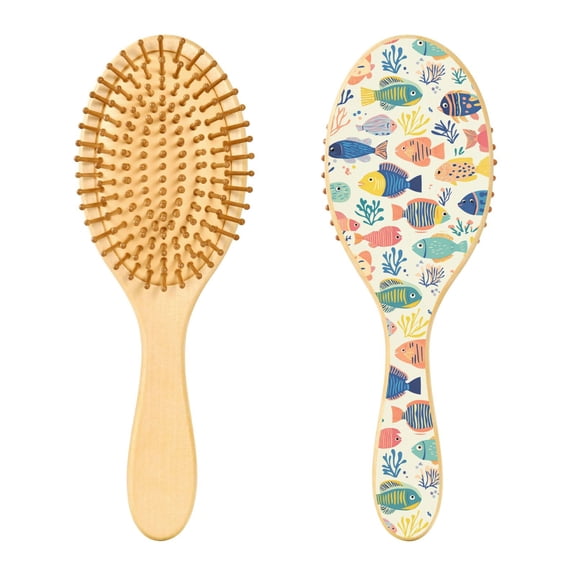 Rounded Tip Hair Brush with Rubber Cushion 9.25 Wooden Scalp Massage Comb Detangling Brush for All Hair Types Vibrant Colorful Fish Pattern