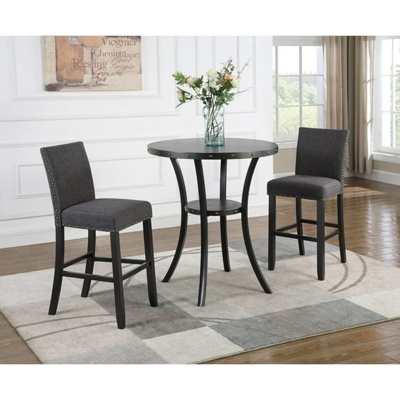 Roundhill 3 Pcs Wood Bistro Set with Pub Chairs, Espresso/Gray