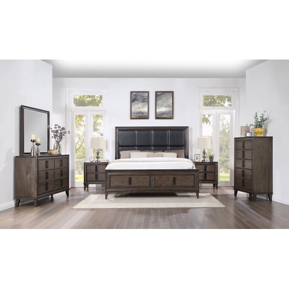 Roundhill Aetheria Contemporary Wood 6-Piece Upholstered Storage Bedroom Set in Dark Brown