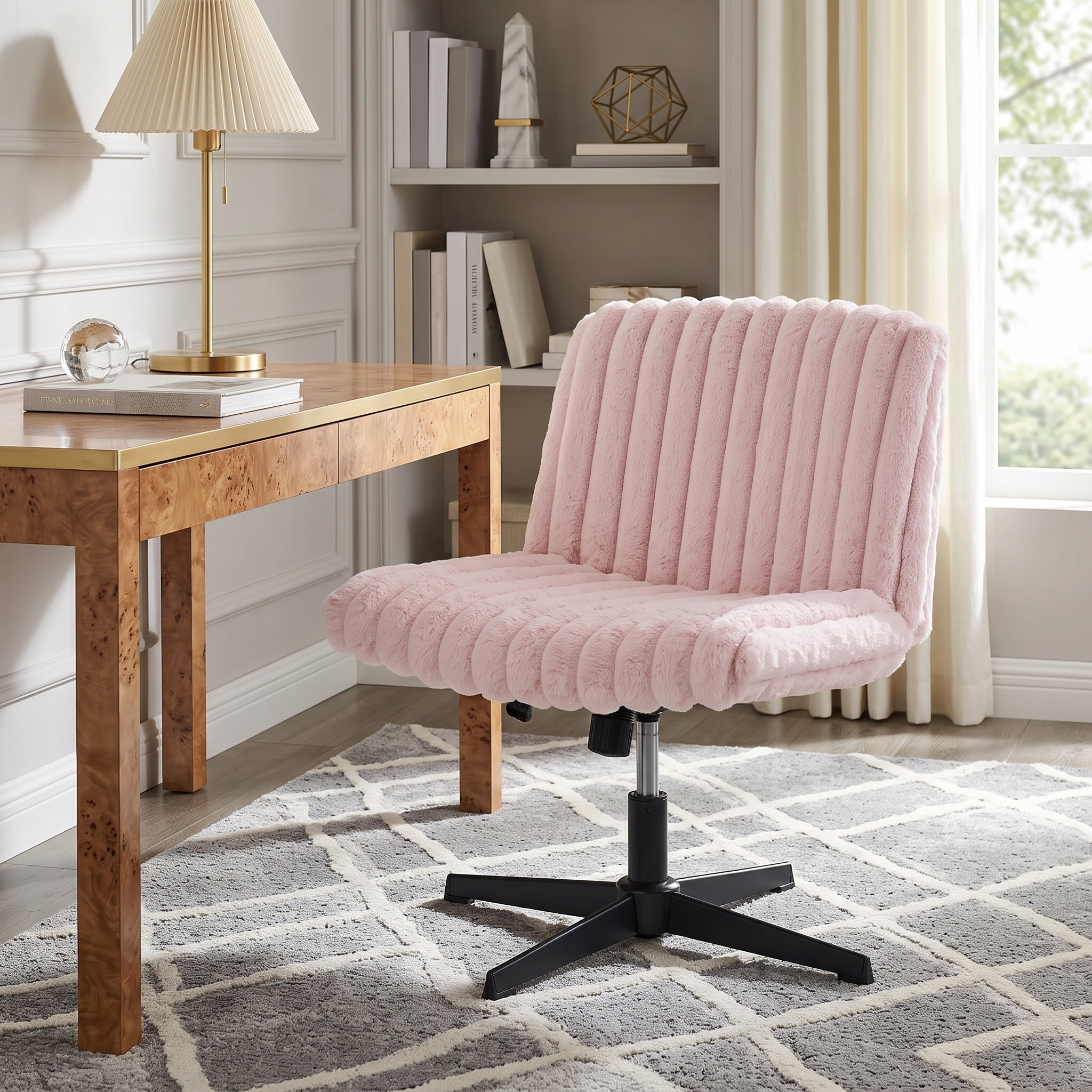 Roundhill Blynn Adjustable Swivel Criss Cross Chair, Wide Seat Office Chair Vanity Chair, Pink