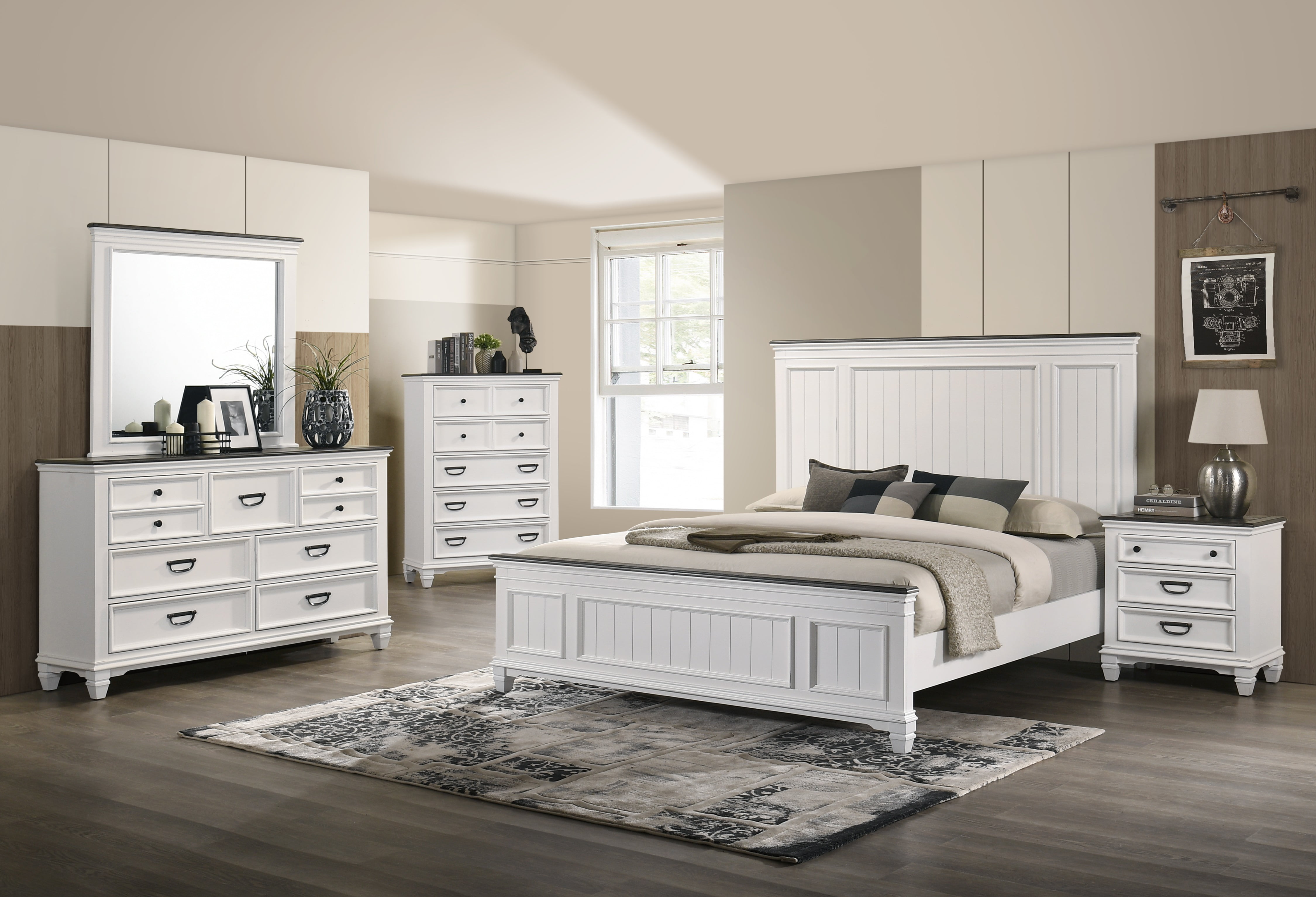 Roundhill Clelane Weathered White and Gray Finished 5-Piece Bedroom Set ...