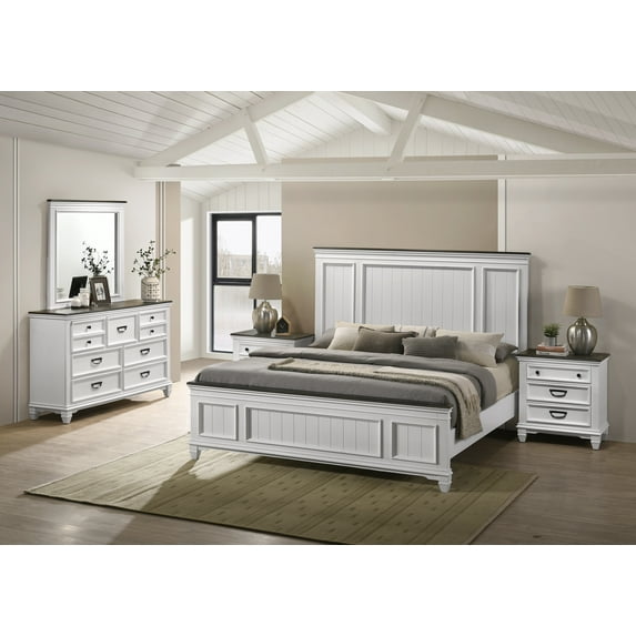 Roundhill Clelane Weathered White and Gray Finished 5-Piece Bedroom Set, Shiplap Panel King