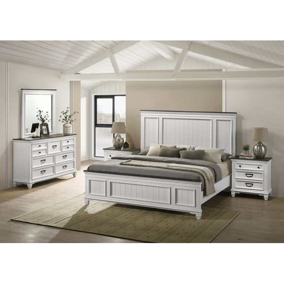 Roundhill Clelane Weathered White and Gray Finished 5-Piece Bedroom Set, Shiplap Panel King