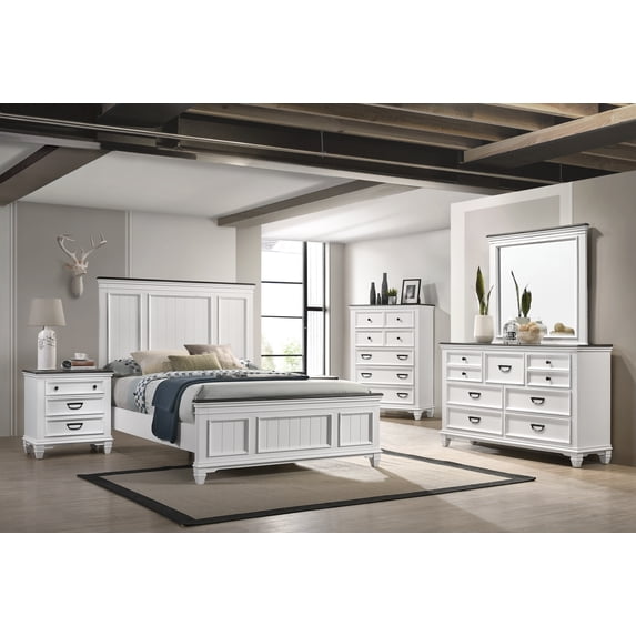 Roundhill Clelane Weathered White and Gray Finished 5-Piece Bedroom Set, Shiplap Panel Queen