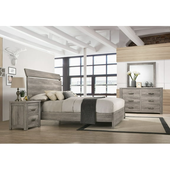 Roundhill Floren Transitional Weathered Gray Wood 4-Piece Bedroom Set, Queen