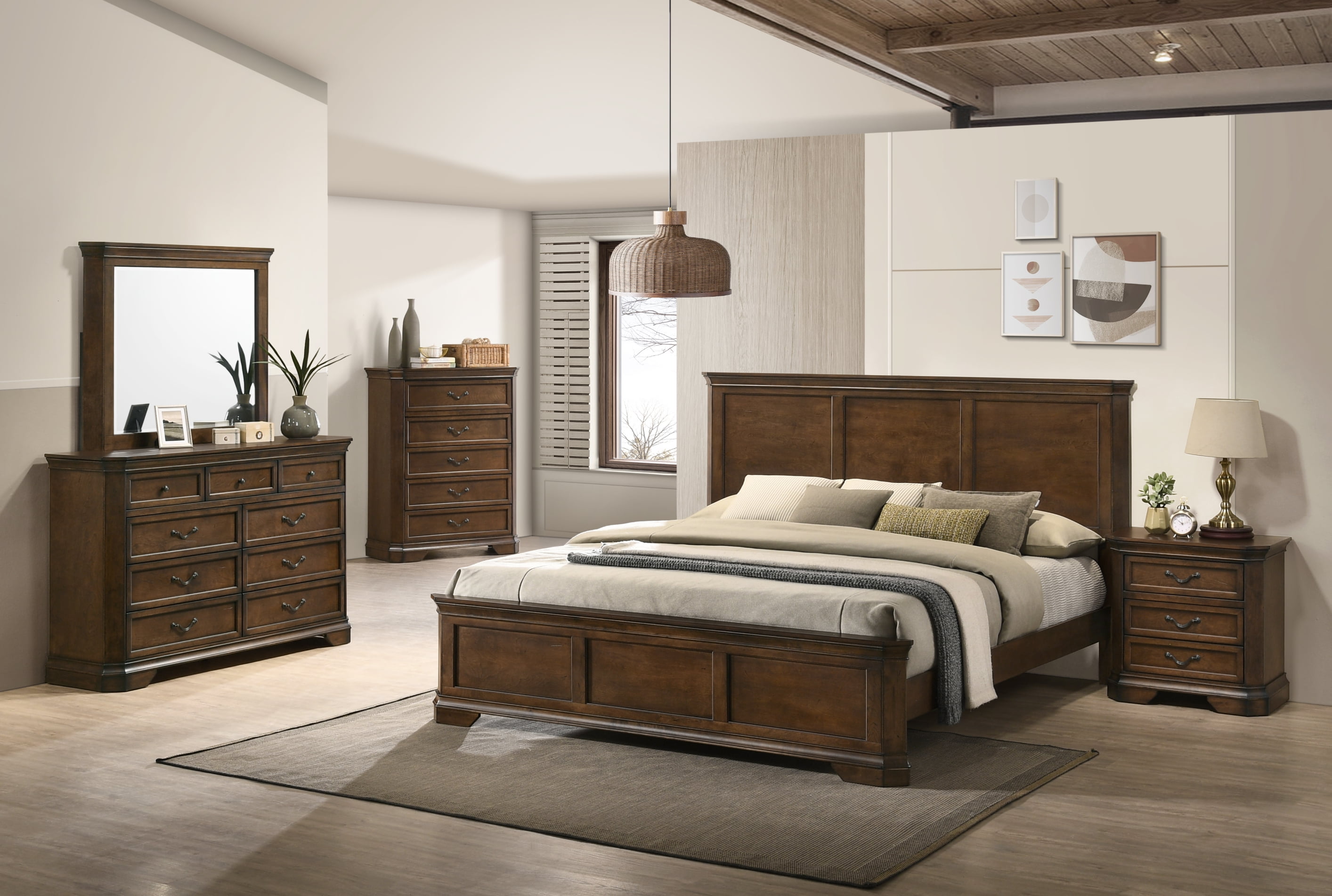 Antique Walnut 5-Piece King Bedroom Set with Solid Wood Frame