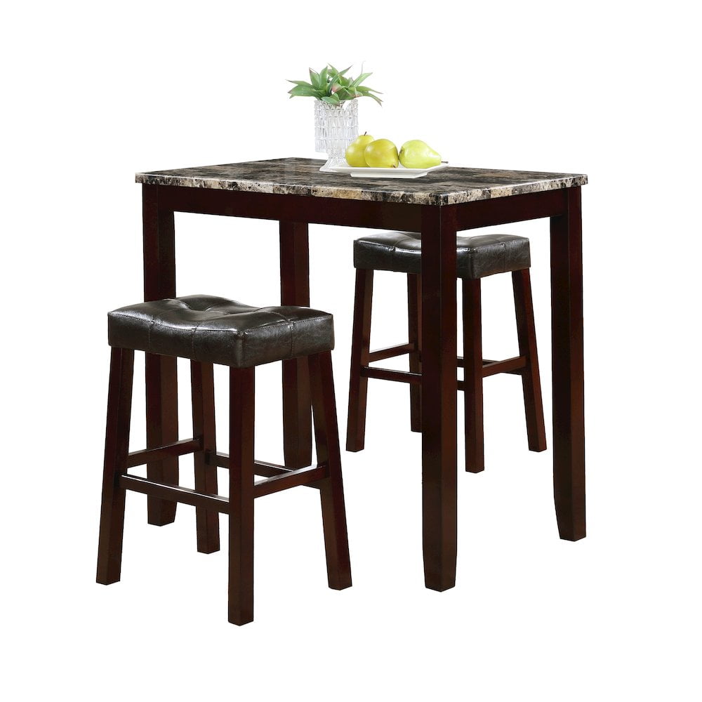 Roundhill Furniture 3Pc Counter Glossy Print Marble Breakfast Table Set Espresso