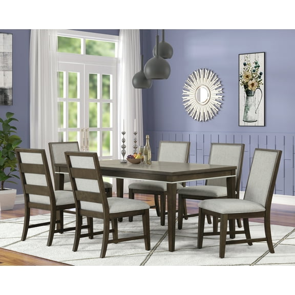 Roundhill Furniture Aberll Wood Dining Room Set, Table with 6 Side Chairs, Gray