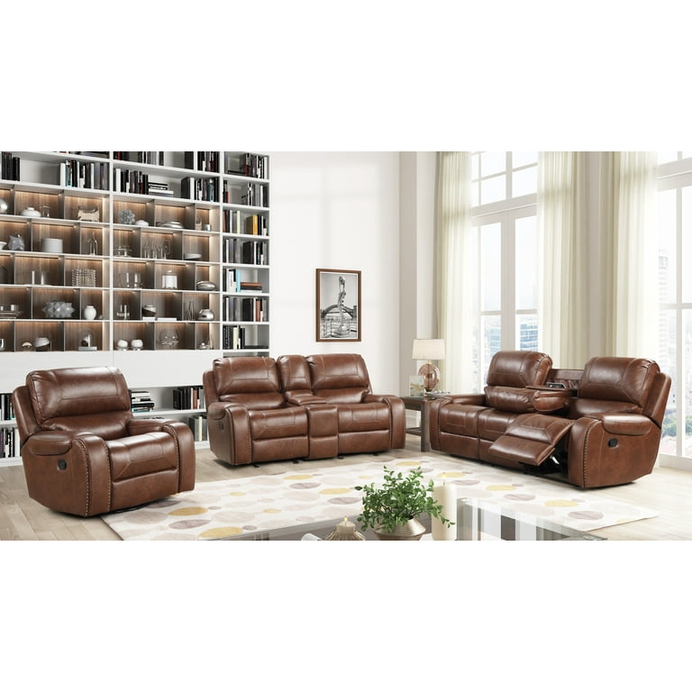 Roundhill Furniture Achern Faux Gliding Recline Mechanism Leather Recliners Brown