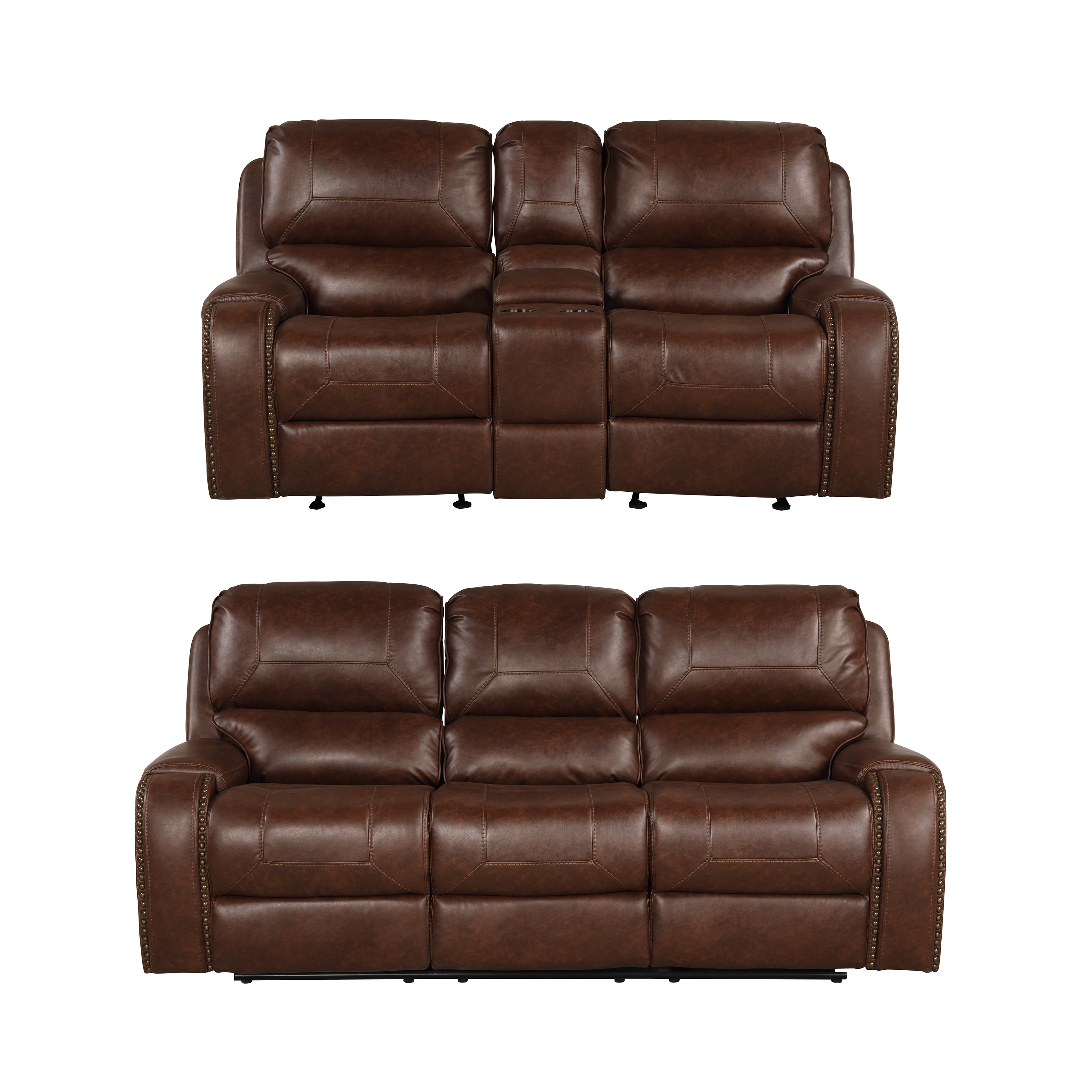 Roundhill Furniture Achern Brown Leather Air Nailhead Manual Reclining Sofa and Loveseat with Storage Console and USB Port
