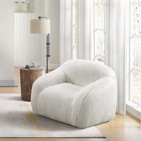 Roundhill Furniture Adell Polar Bear Faux Fur Swivel Cuddle Chair, Ivory White